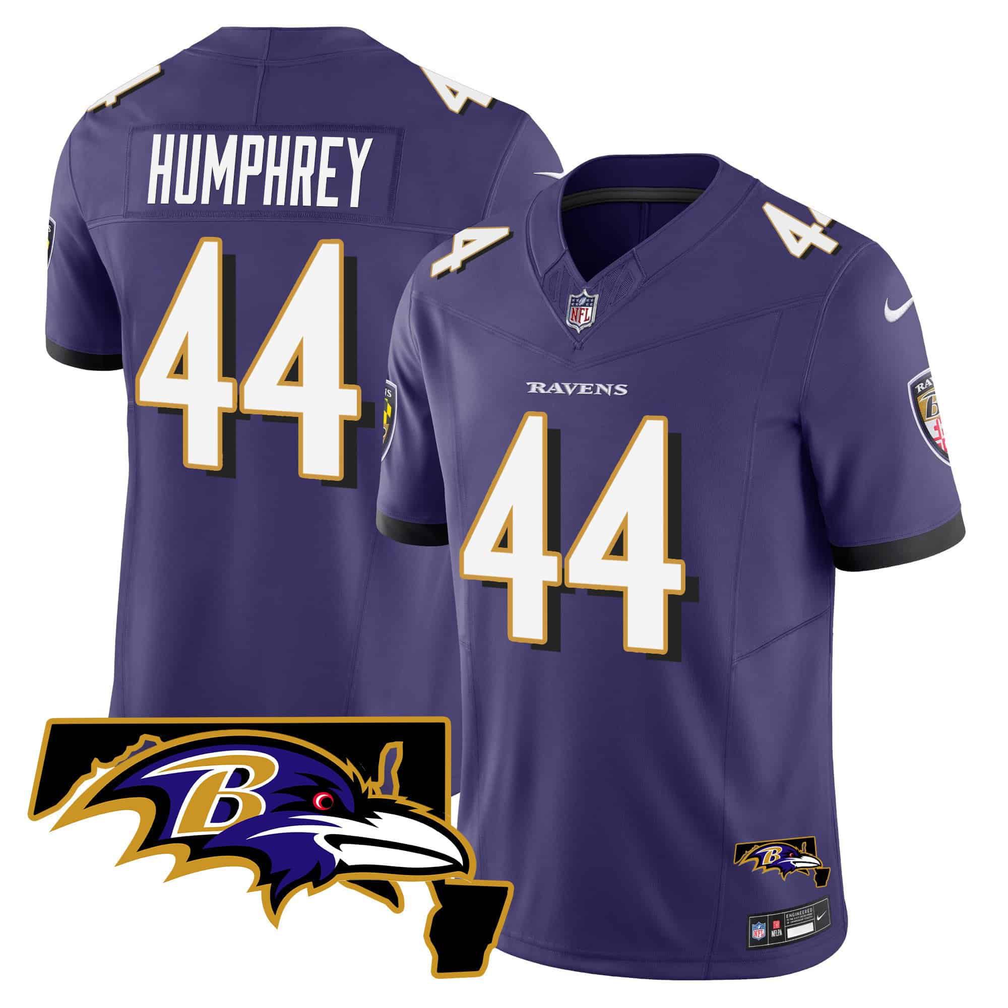 Men Baltimore Ravens 44 Humphrey Purple 2024 Nike Maryland Patch Vapor Limited NFL Jersey style 1